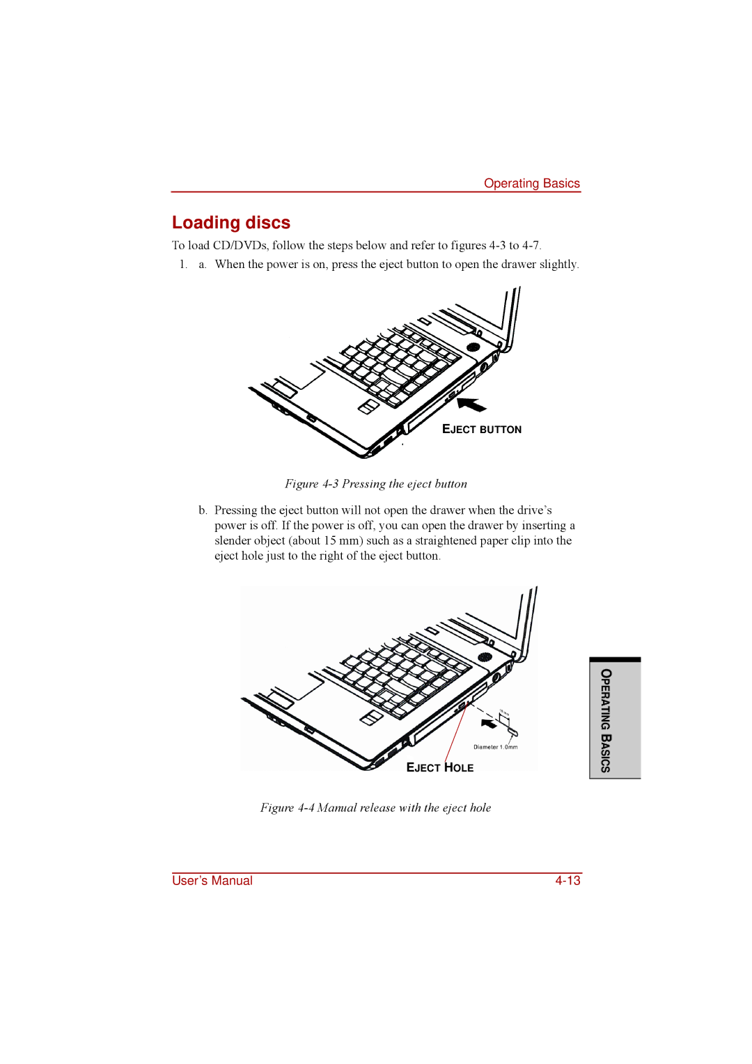 Toshiba a210 user manual Loading discs, Pressing the eject button 