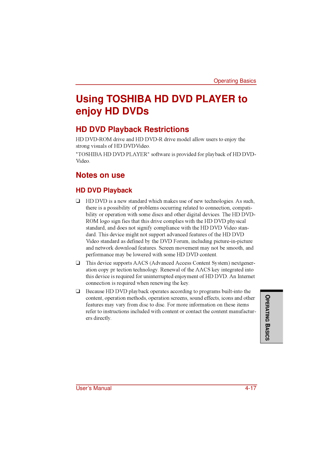 Toshiba a210 user manual Using Toshiba HD DVD Player to enjoy HD DVDs, HD DVD Playback Restrictions 