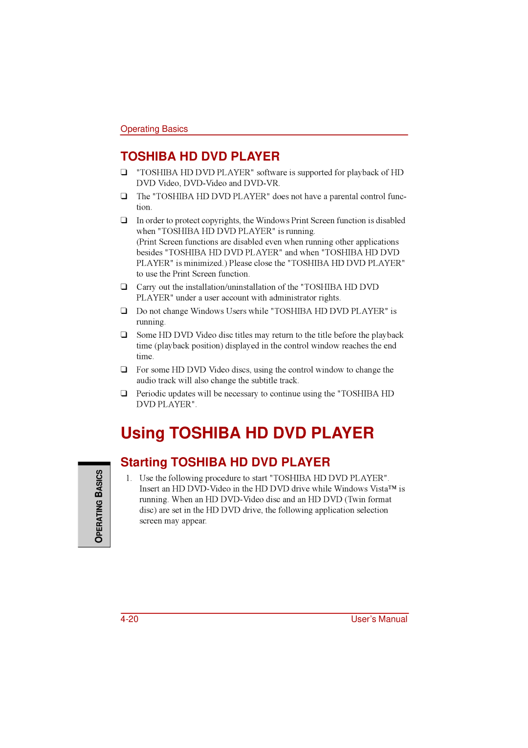 Toshiba a210 user manual Using Toshiba HD DVD Player, Starting Toshiba HD DVD Player 