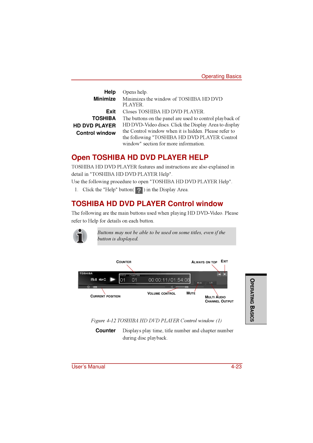 Toshiba a210 user manual Open Toshiba HD DVD Player Help, Toshiba HD DVD Player Control window 