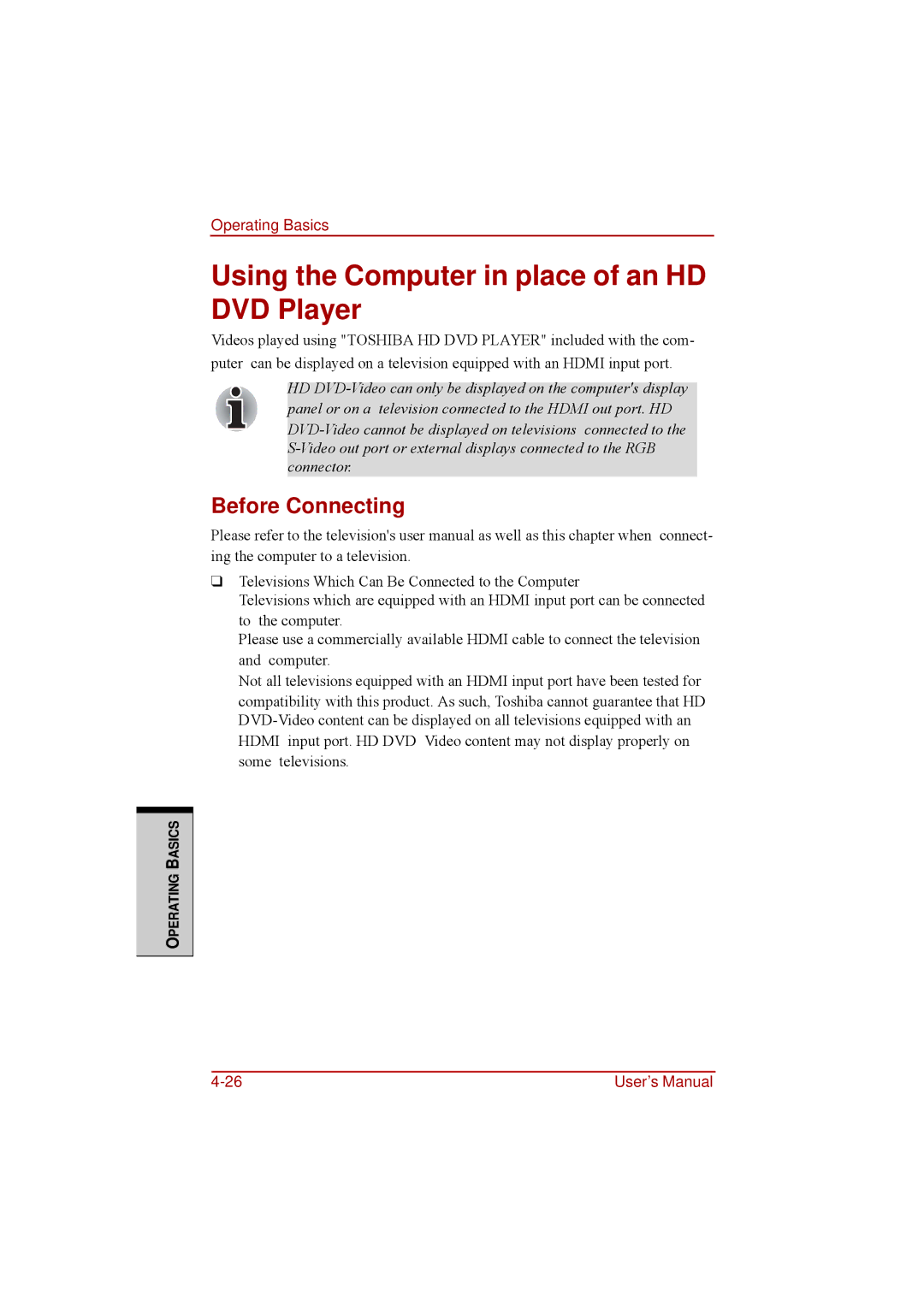 Toshiba a210 user manual Using the Computer in place of an HD DVD Player, Before Connecting 