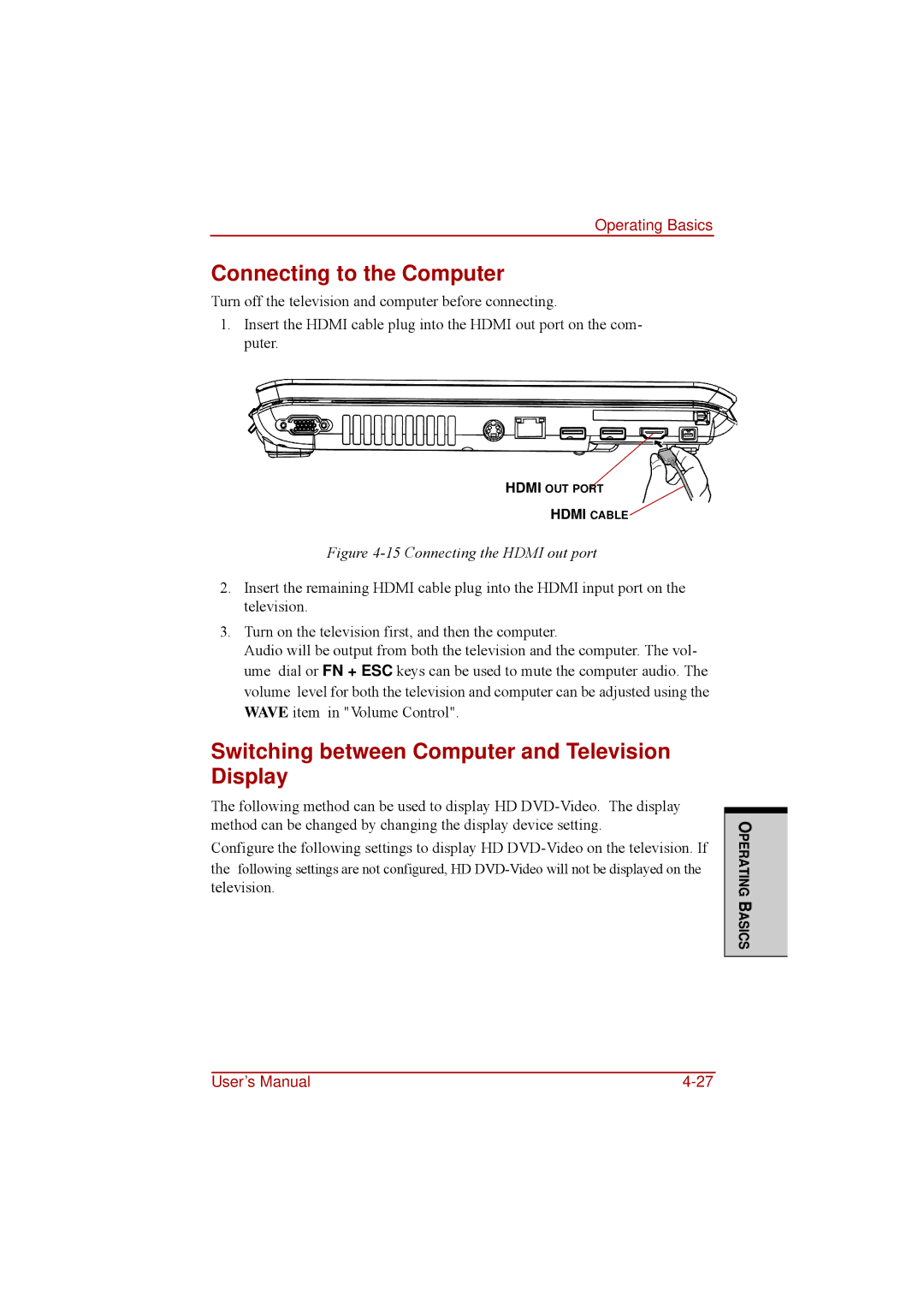 Toshiba a210 user manual Connecting to the Computer, Switching between Computer and Television Display 