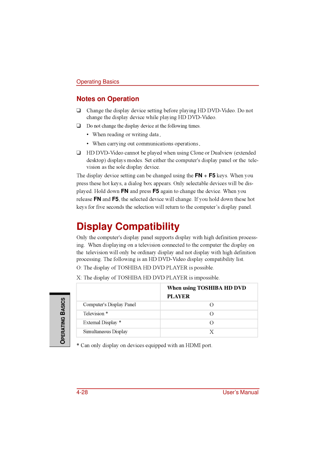 Toshiba a210 user manual Display Compatibility, Player 