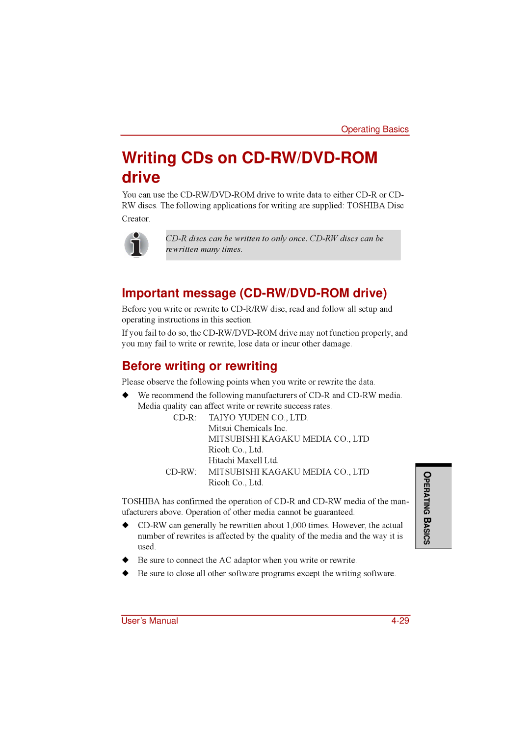 Toshiba a210 Writing CDs on CD-RW/DVD-ROM drive, Important message CD-RW/DVD-ROM drive, Before writing or rewriting 