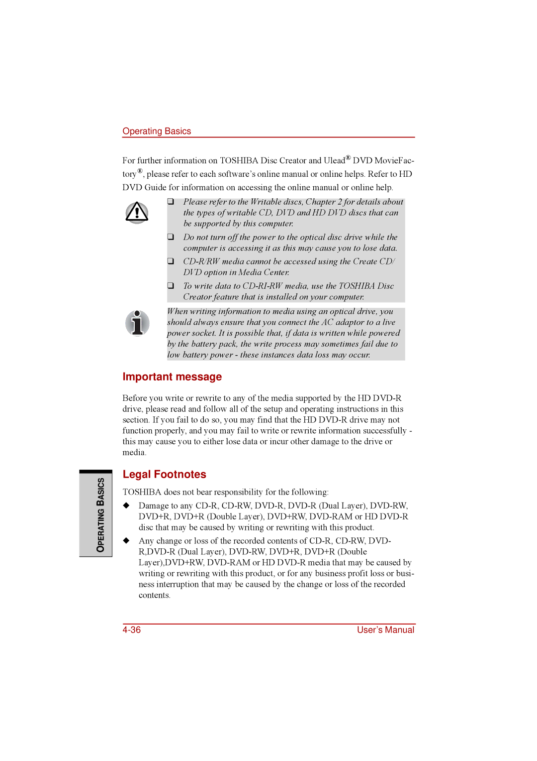 Toshiba a210 user manual Important message, Legal Footnotes 