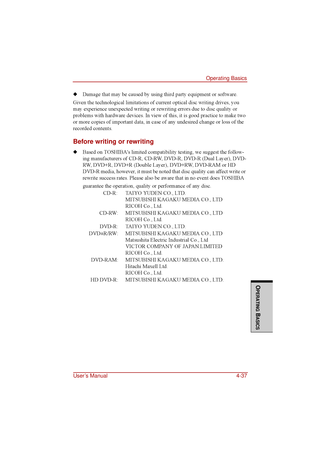 Toshiba a210 user manual Before writing or rewriting 