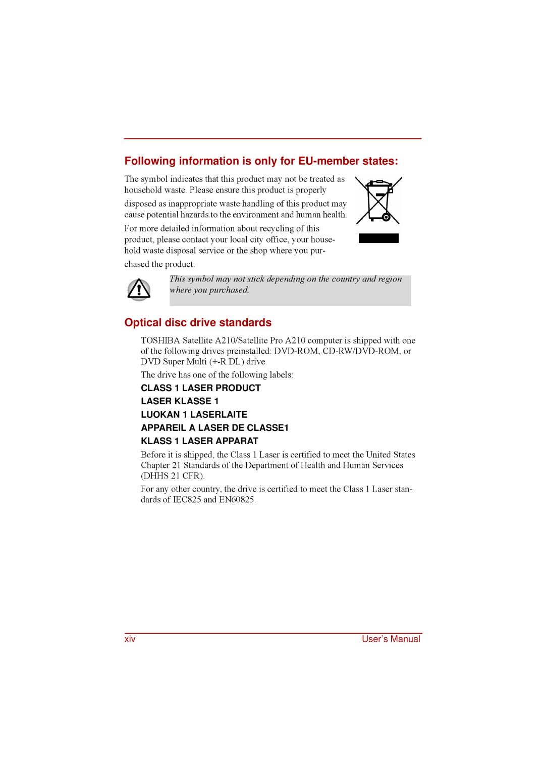 Toshiba a210 user manual Following information is only for EU-member states, Optical disc drive standards 