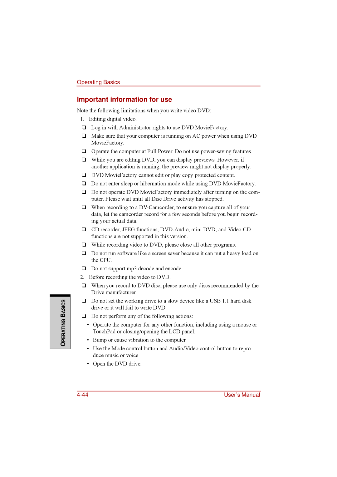 Toshiba a210 user manual Important information for use 