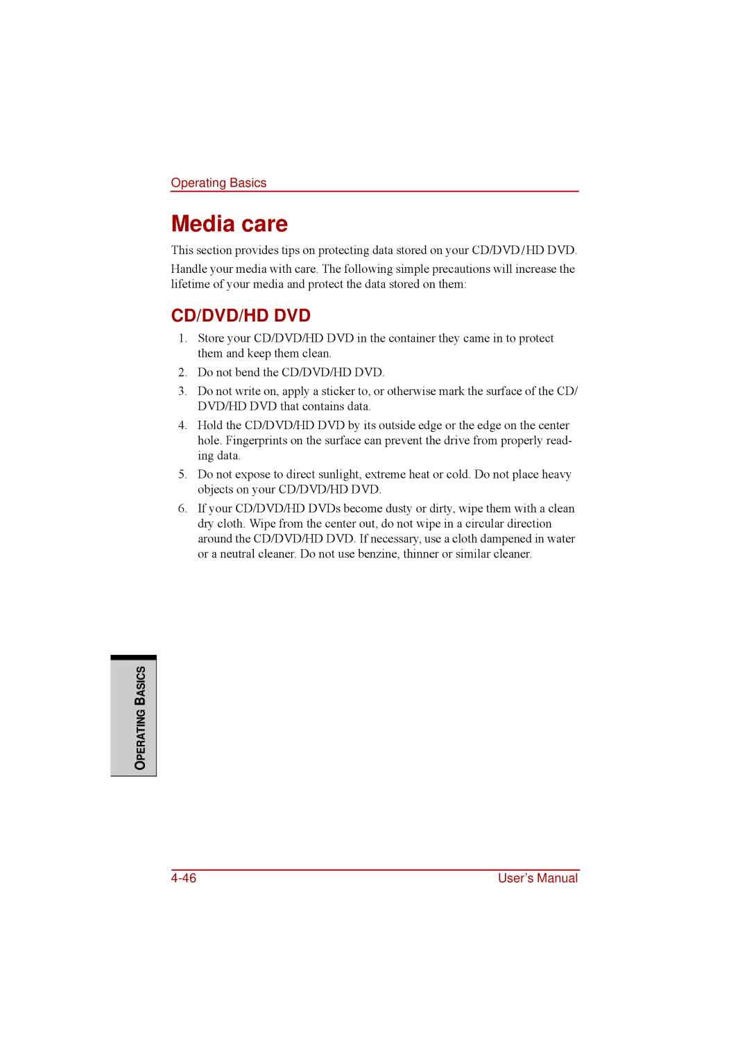 Toshiba a210 user manual Media care, Cd/Dvd/Hd Dvd 