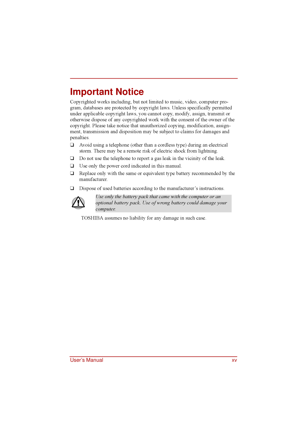 Toshiba a210 user manual Important Notice 