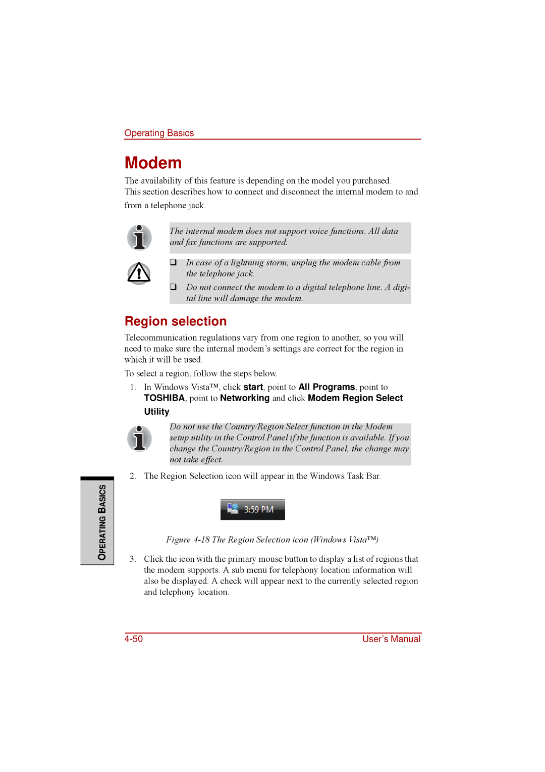 Toshiba a210 user manual Modem, Region selection 