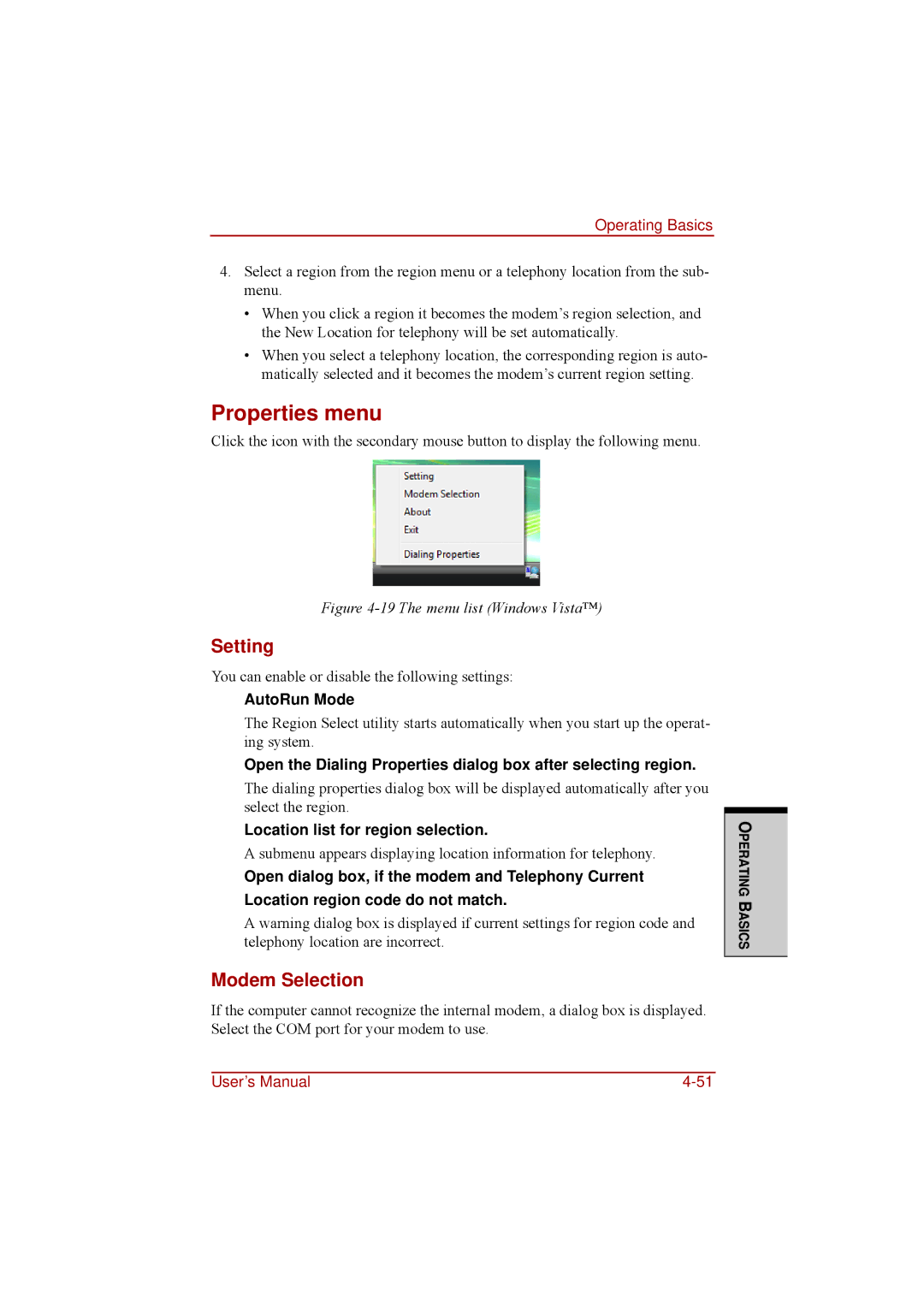 Toshiba a210 user manual Properties menu, Setting, Modem Selection, AutoRun Mode, Location list for region selection 