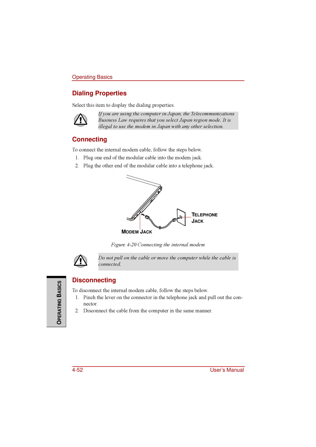 Toshiba a210 user manual Dialing Properties, Connecting, Disconnecting 