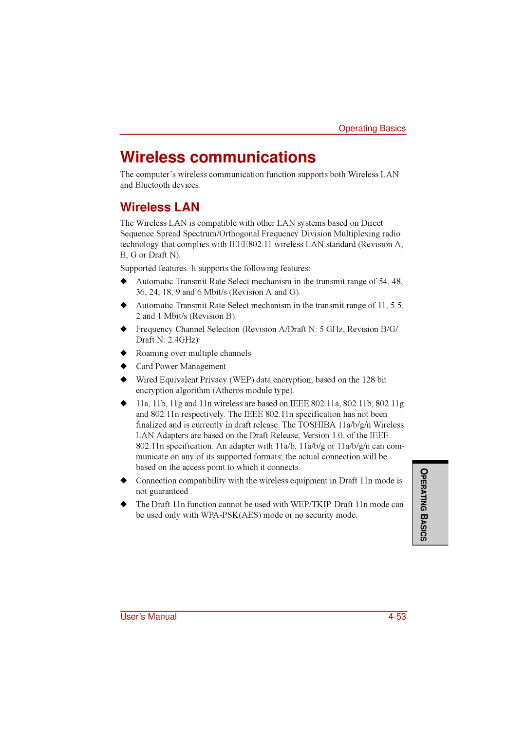 Toshiba a210 user manual Wireless communications, Wireless LAN 