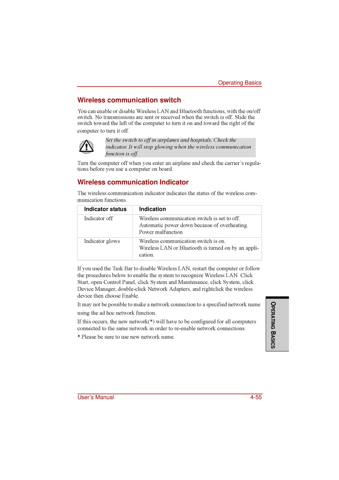 Toshiba a210 user manual Wireless communication switch, Wireless communication Indicator, Indicator status Indication 