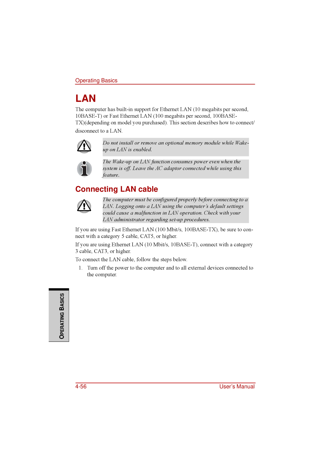 Toshiba a210 user manual Lan, Connecting LAN cable 