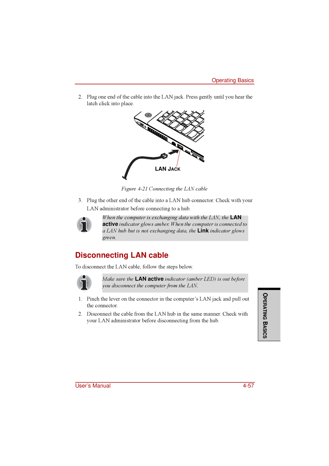 Toshiba a210 user manual Disconnecting LAN cable, LAN Jack 