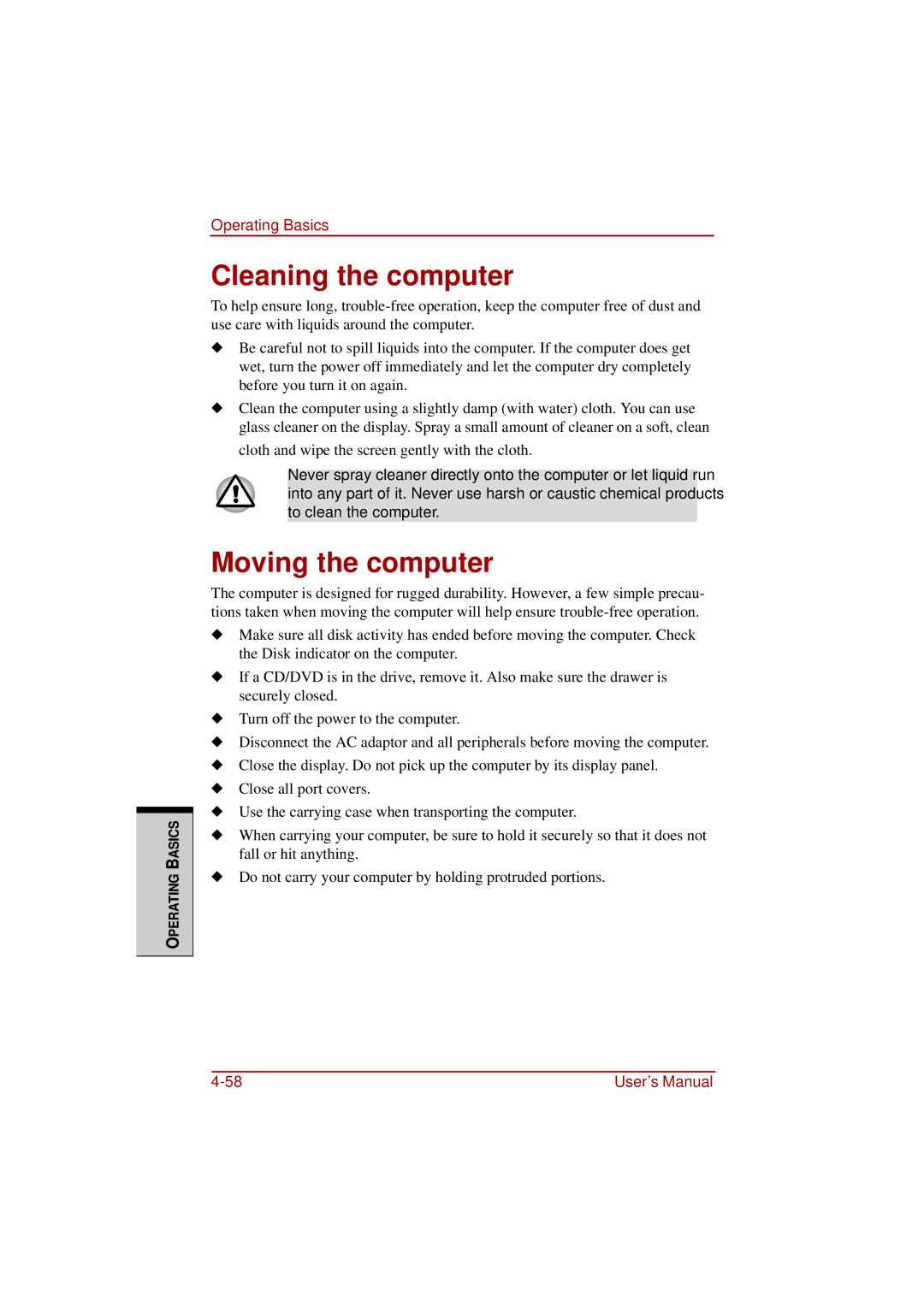 Toshiba a210 user manual Cleaning the computer, Moving the computer 