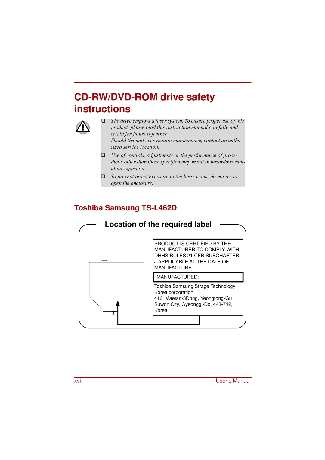 Toshiba a210 user manual CD-RW/DVD-ROM drive safety instructions, Toshiba Samsung TS-L462D 