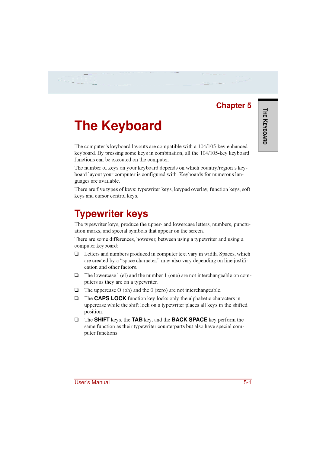 Toshiba a210 user manual Keyboard, Typewriter keys 