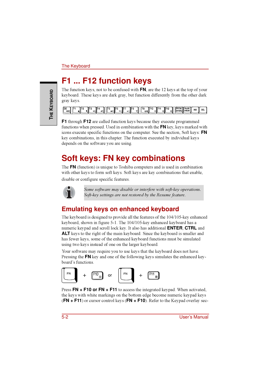 Toshiba a210 user manual F1 ... F12 function keys, Soft keys FN key combinations, Emulating keys on enhanced keyboard 