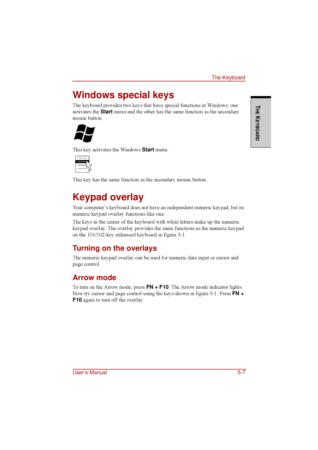 Toshiba a210 user manual Windows special keys, Keypad overlay, Turning on the overlays, Arrow mode 