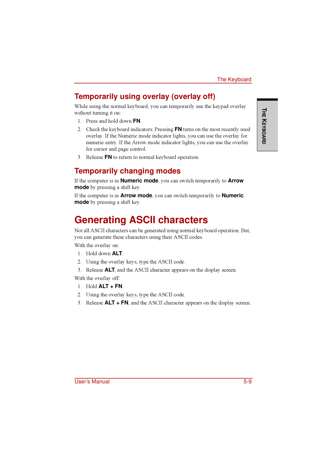 Toshiba a210 Generating Ascii characters, Temporarily using overlay overlay off, Temporarily changing modes, Hold ALT + FN 