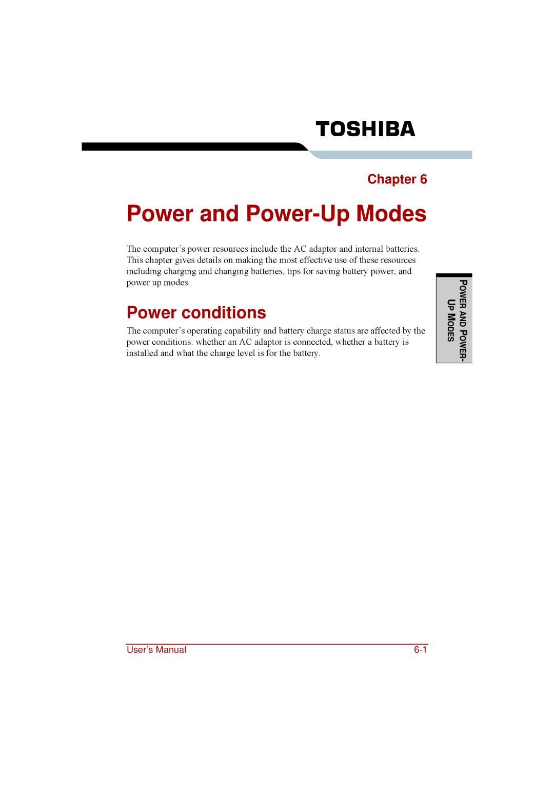 Toshiba a210 user manual Power and Power-Up Modes, Power conditions 