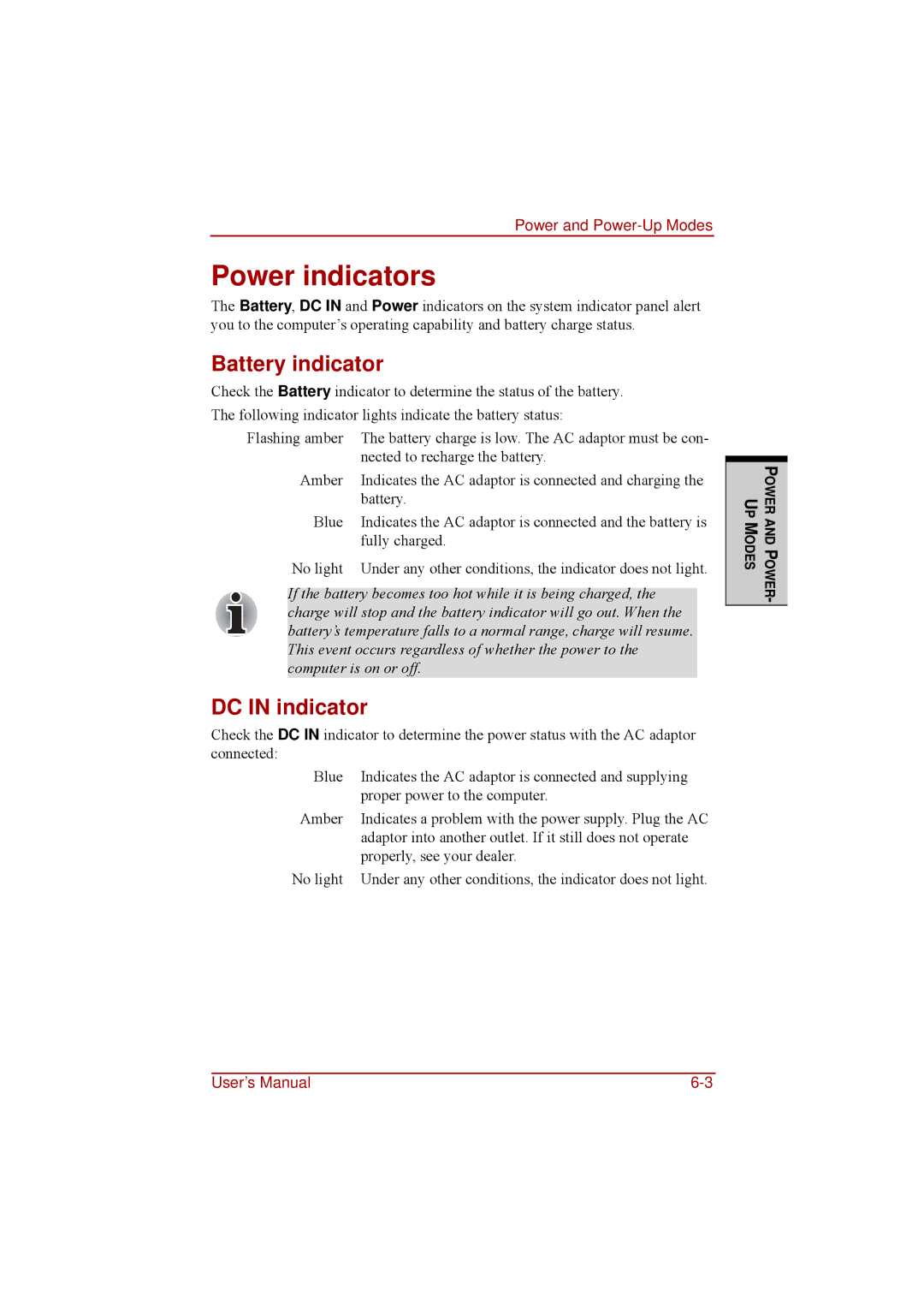 Toshiba a210 user manual Power indicators, Battery indicator, DC in indicator 