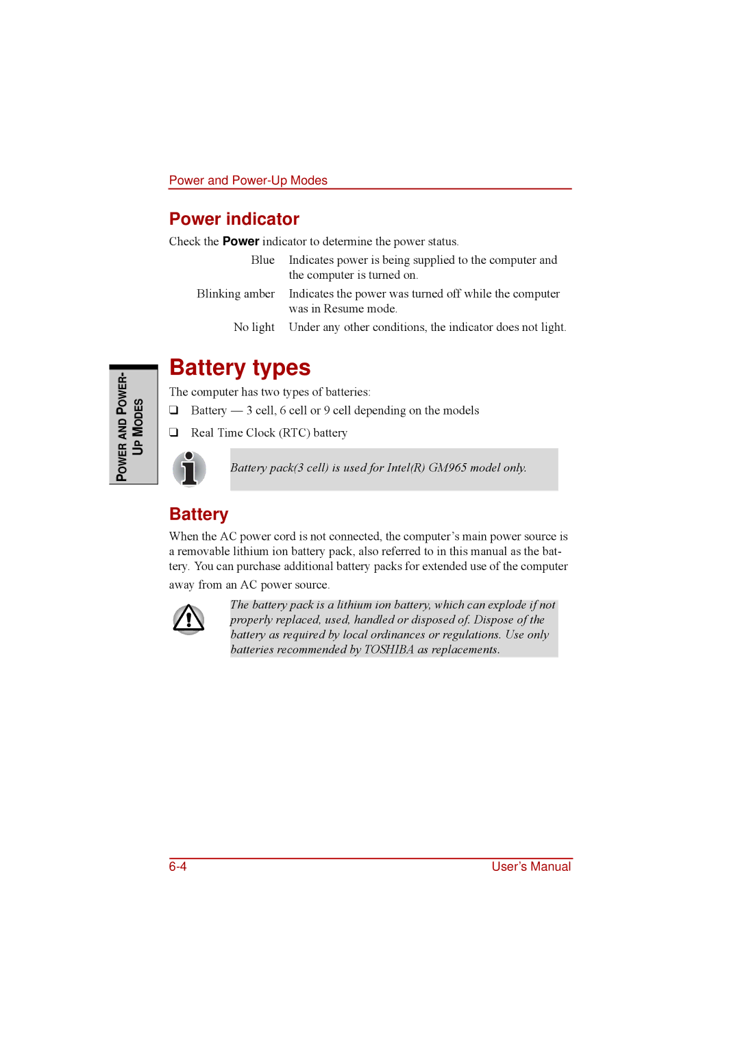 Toshiba a210 user manual Battery types, Power indicator 