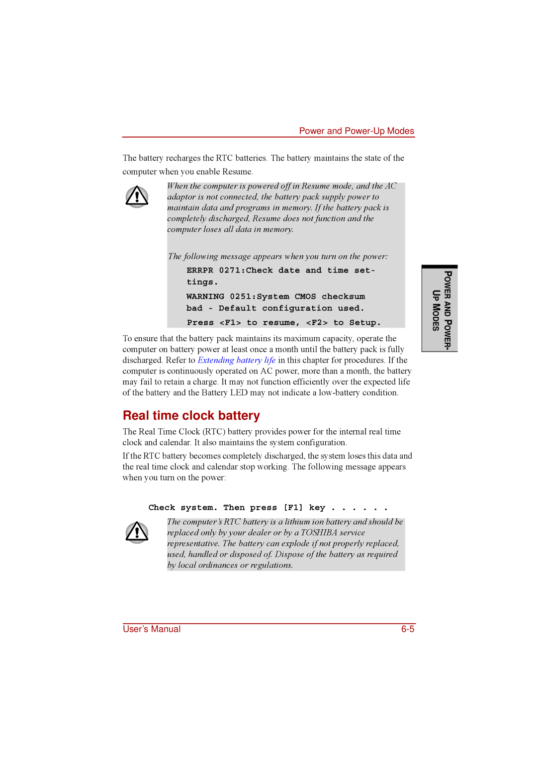 Toshiba a210 user manual Real time clock battery, Check system. Then press F1 key 