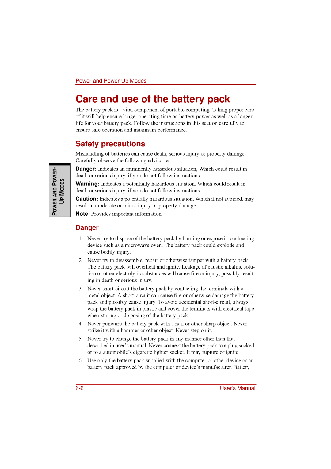 Toshiba a210 user manual Care and use of the battery pack, Safety precautions 