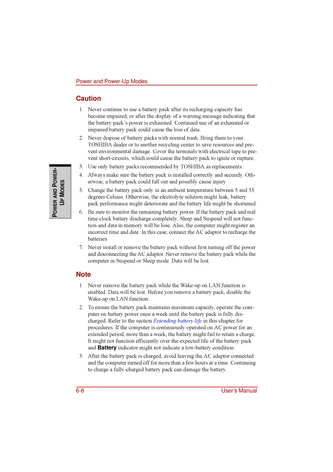 Toshiba a210 user manual Power and Power-Up Modes 