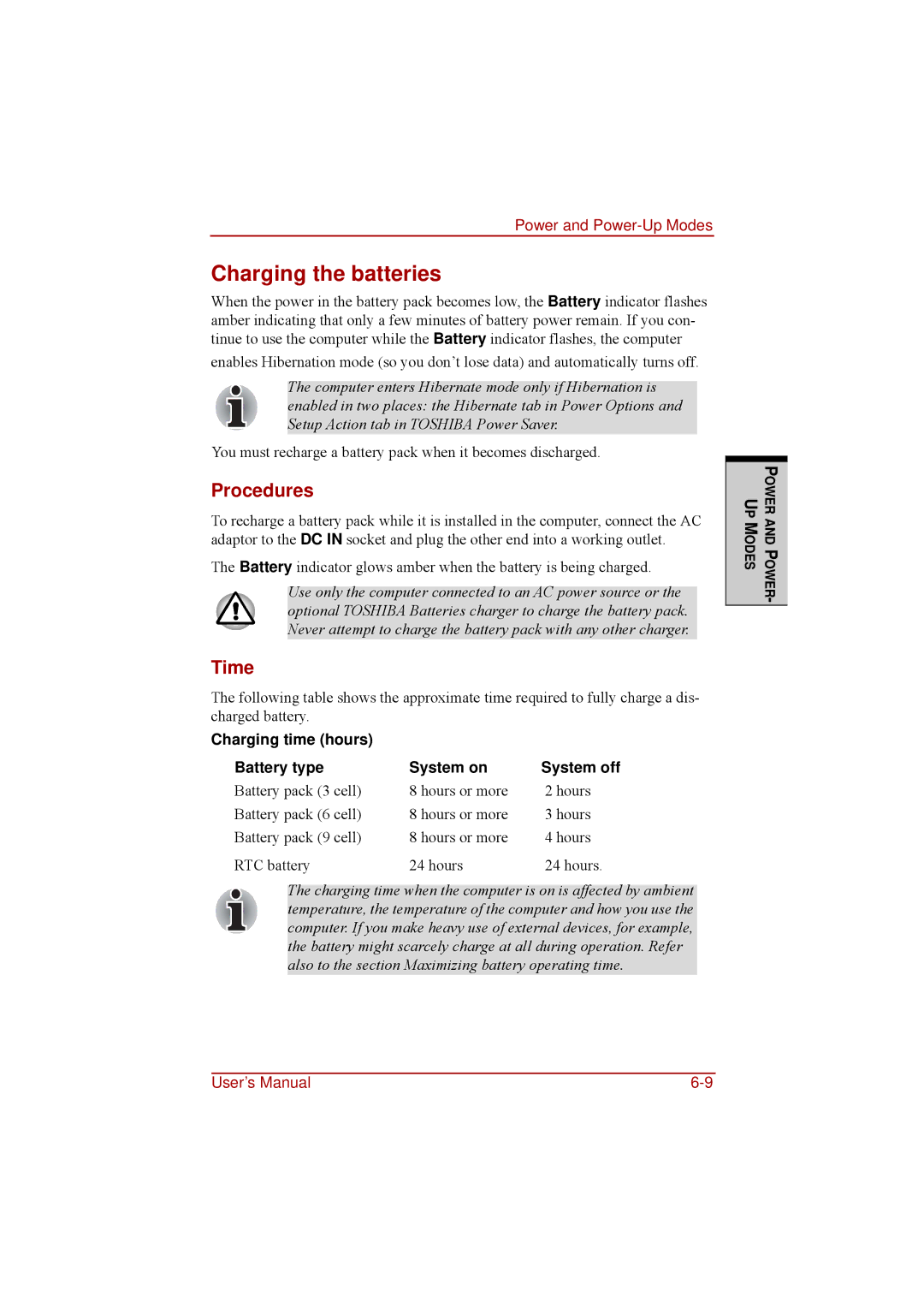 Toshiba a210 user manual Charging the batteries, Procedures, Time, Charging time hours Battery type System on System off 