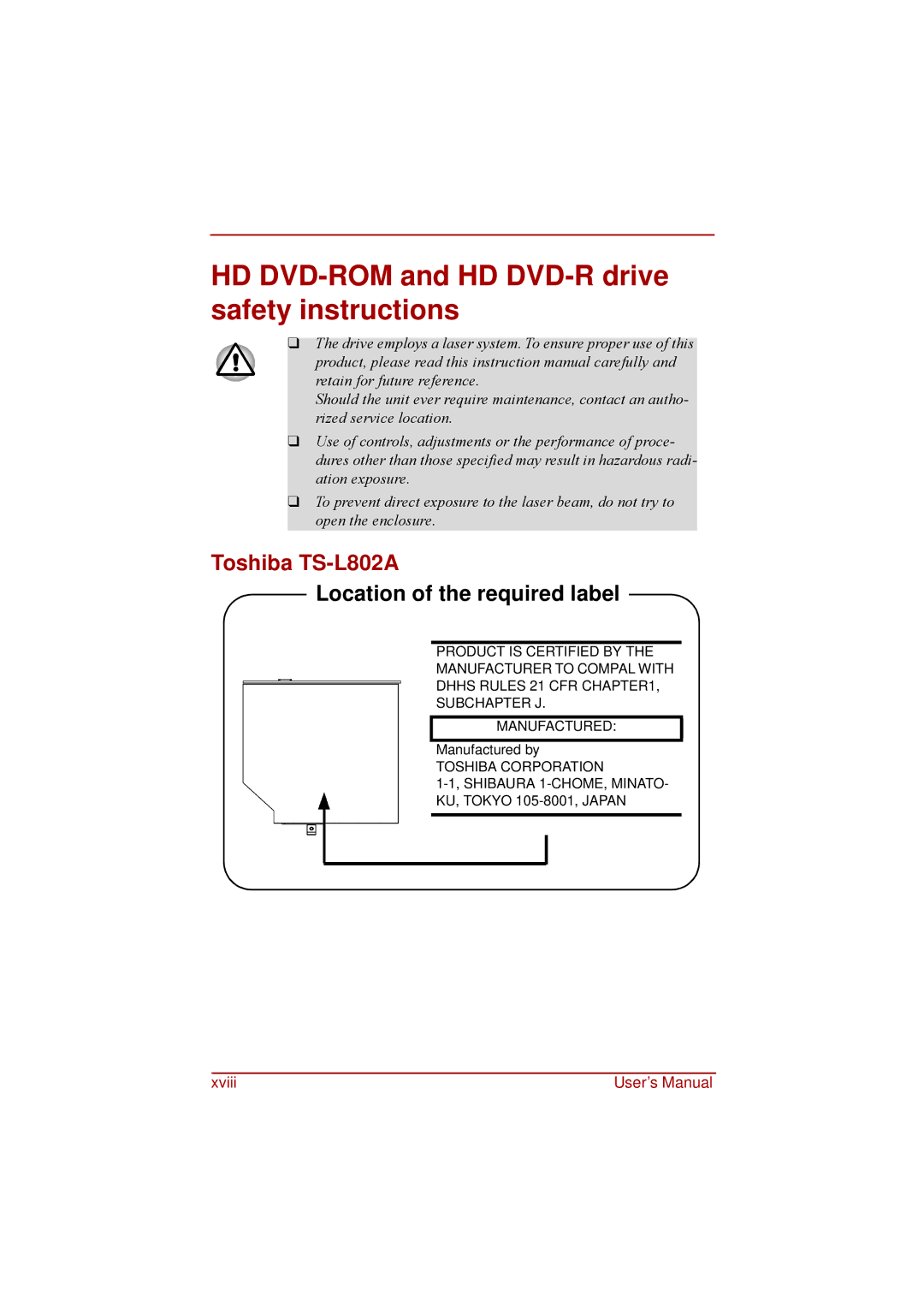 Toshiba a210 user manual HD DVD-ROM and HD DVD-R drive safety instructions, Toshiba TS-L802A 