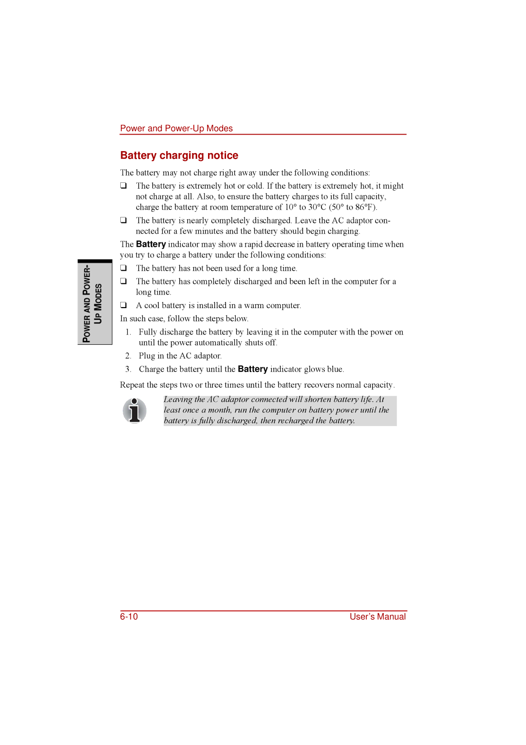 Toshiba a210 user manual Battery charging notice 