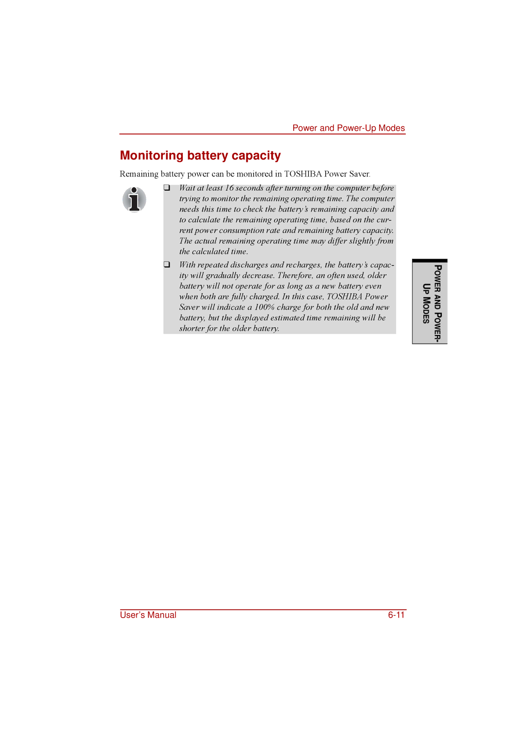 Toshiba a210 user manual Monitoring battery capacity 