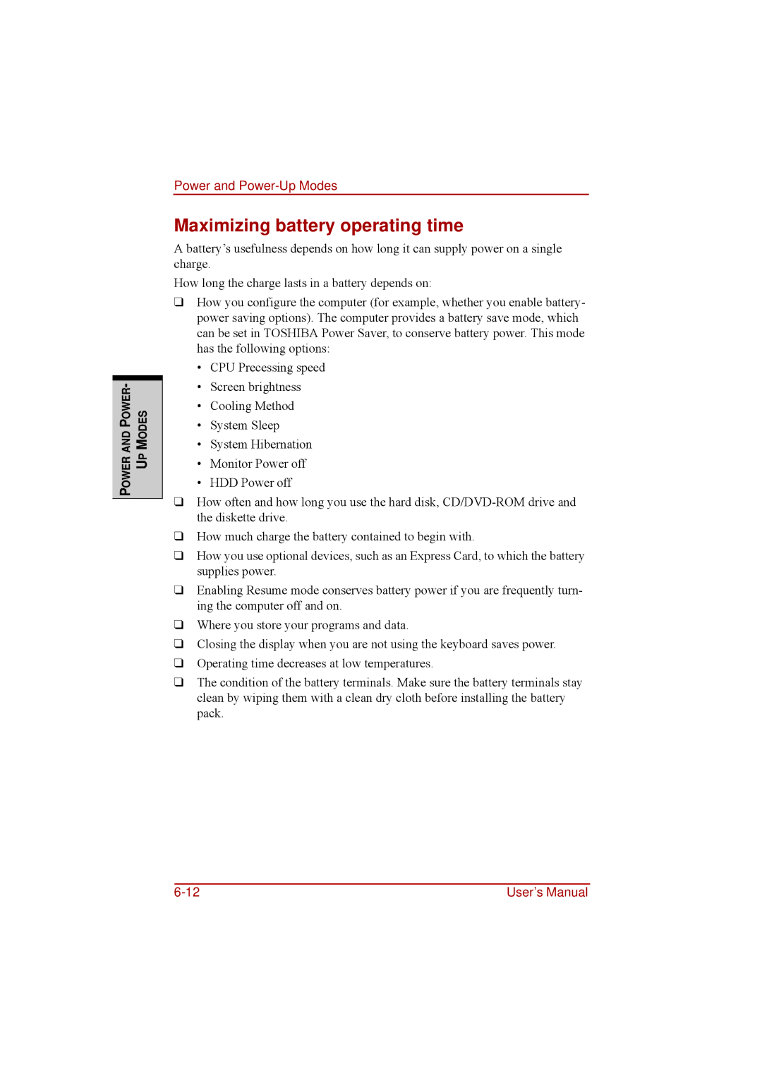 Toshiba a210 user manual Maximizing battery operating time 