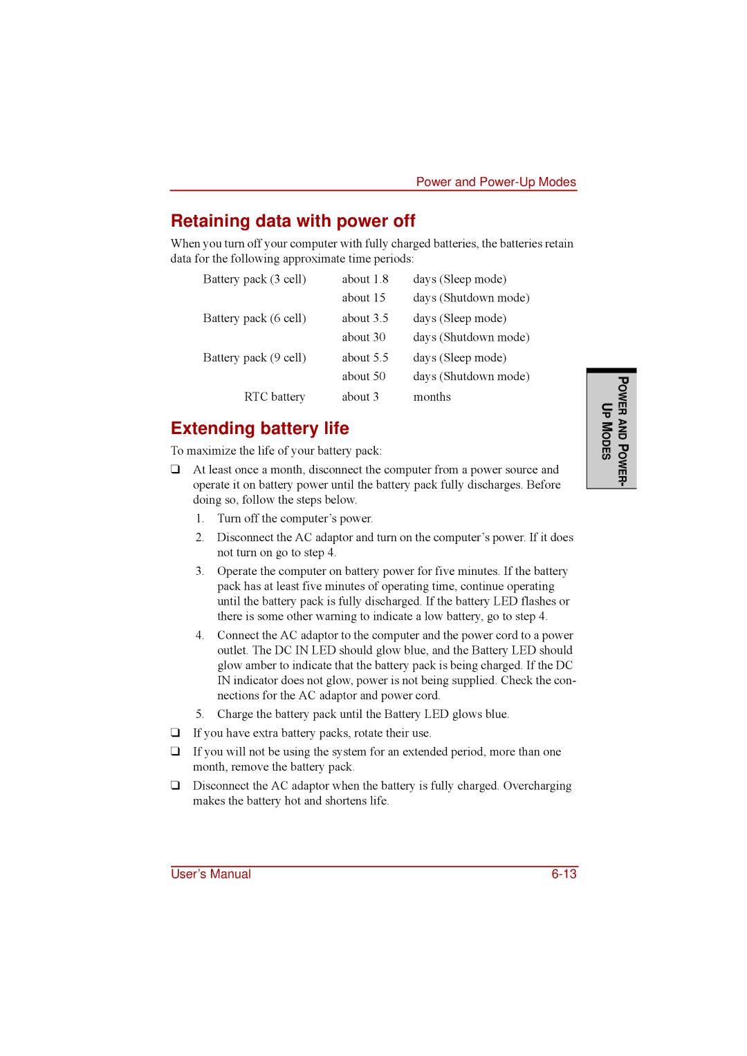 Toshiba a210 user manual Retaining data with power off, Extending battery life 