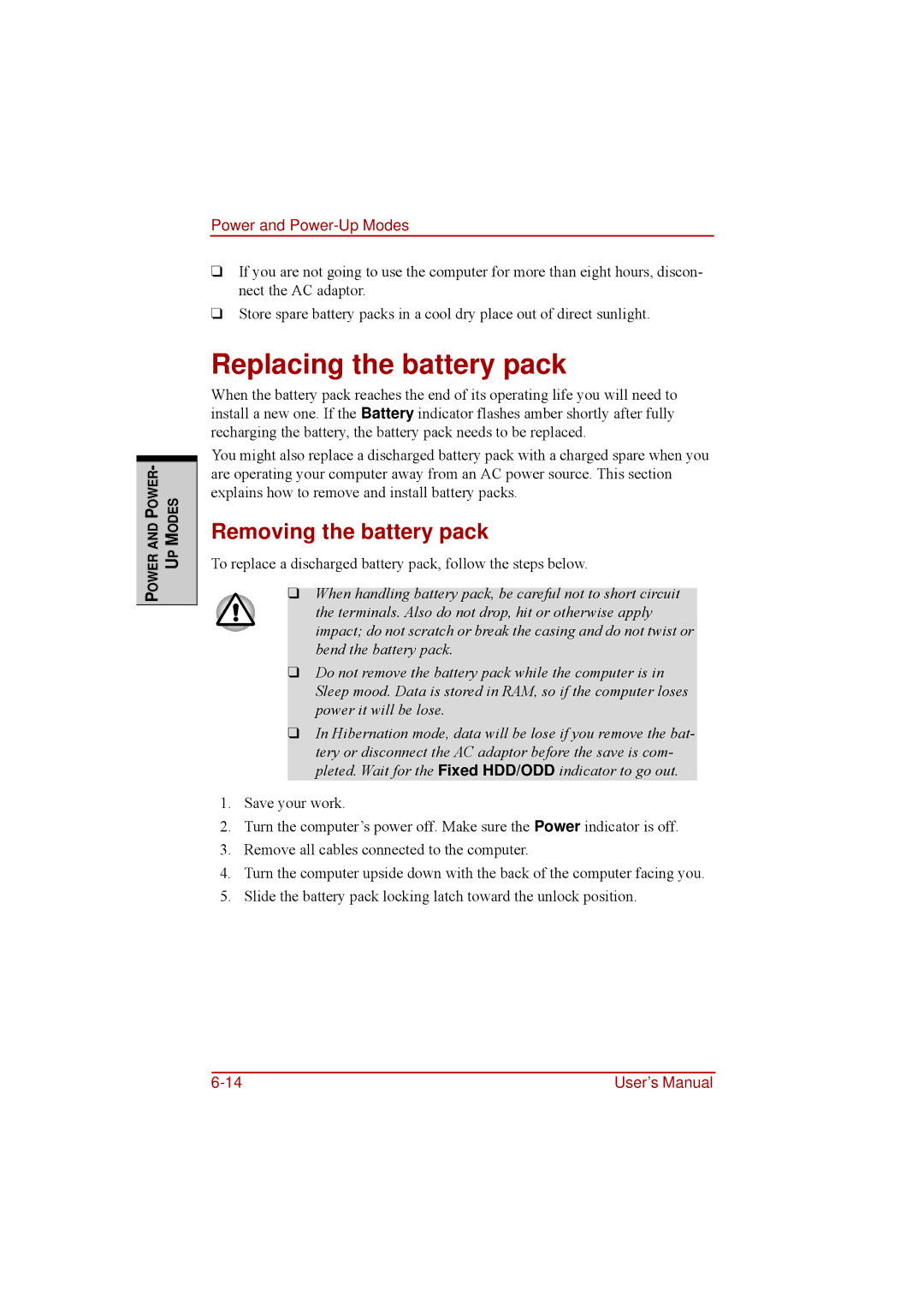 Toshiba a210 user manual Replacing the battery pack, Removing the battery pack 