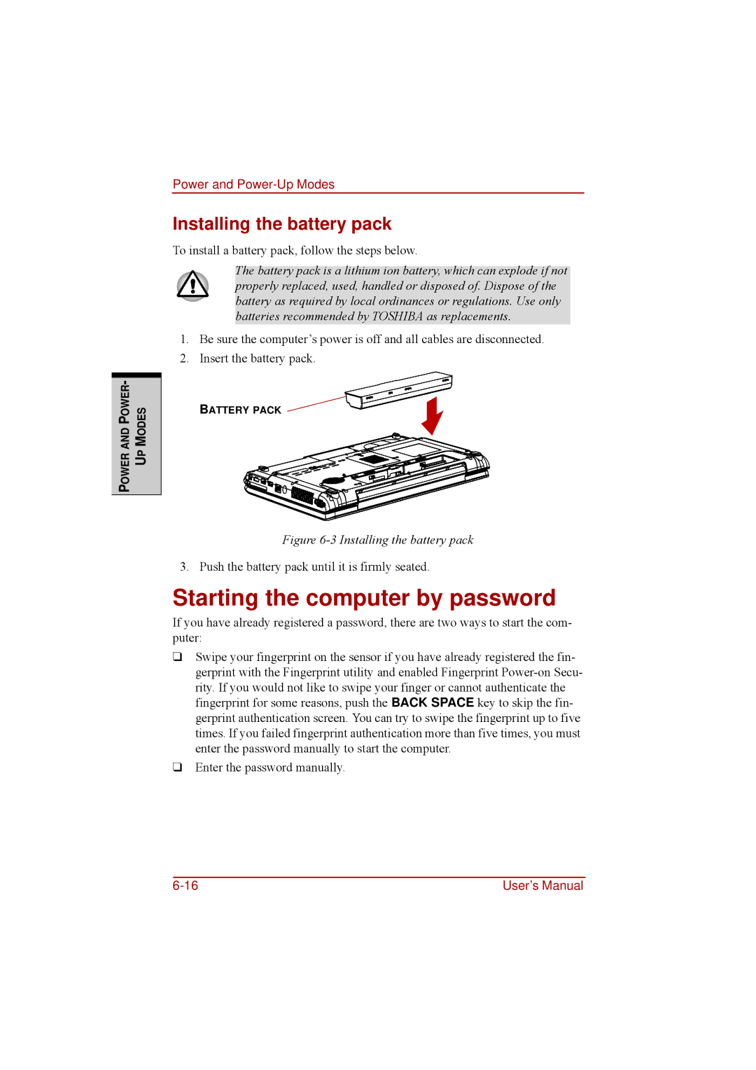 Toshiba a210 user manual Starting the computer by password, Installing the battery pack 