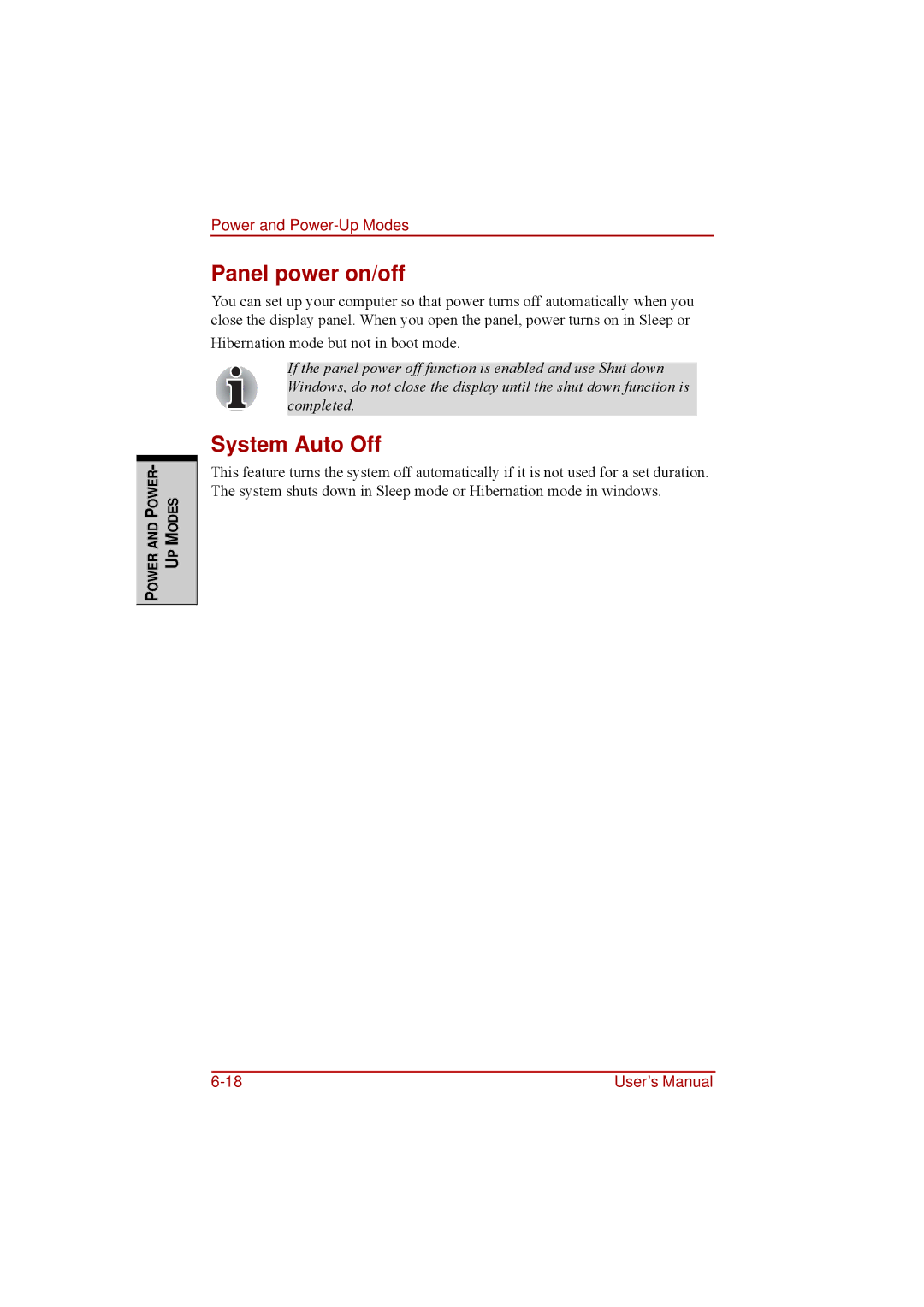 Toshiba a210 user manual Panel power on/off, System Auto Off 