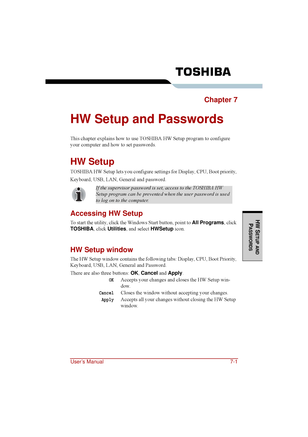 Toshiba a210 user manual HW Setup and Passwords, Accessing HW Setup, HW Setup window 