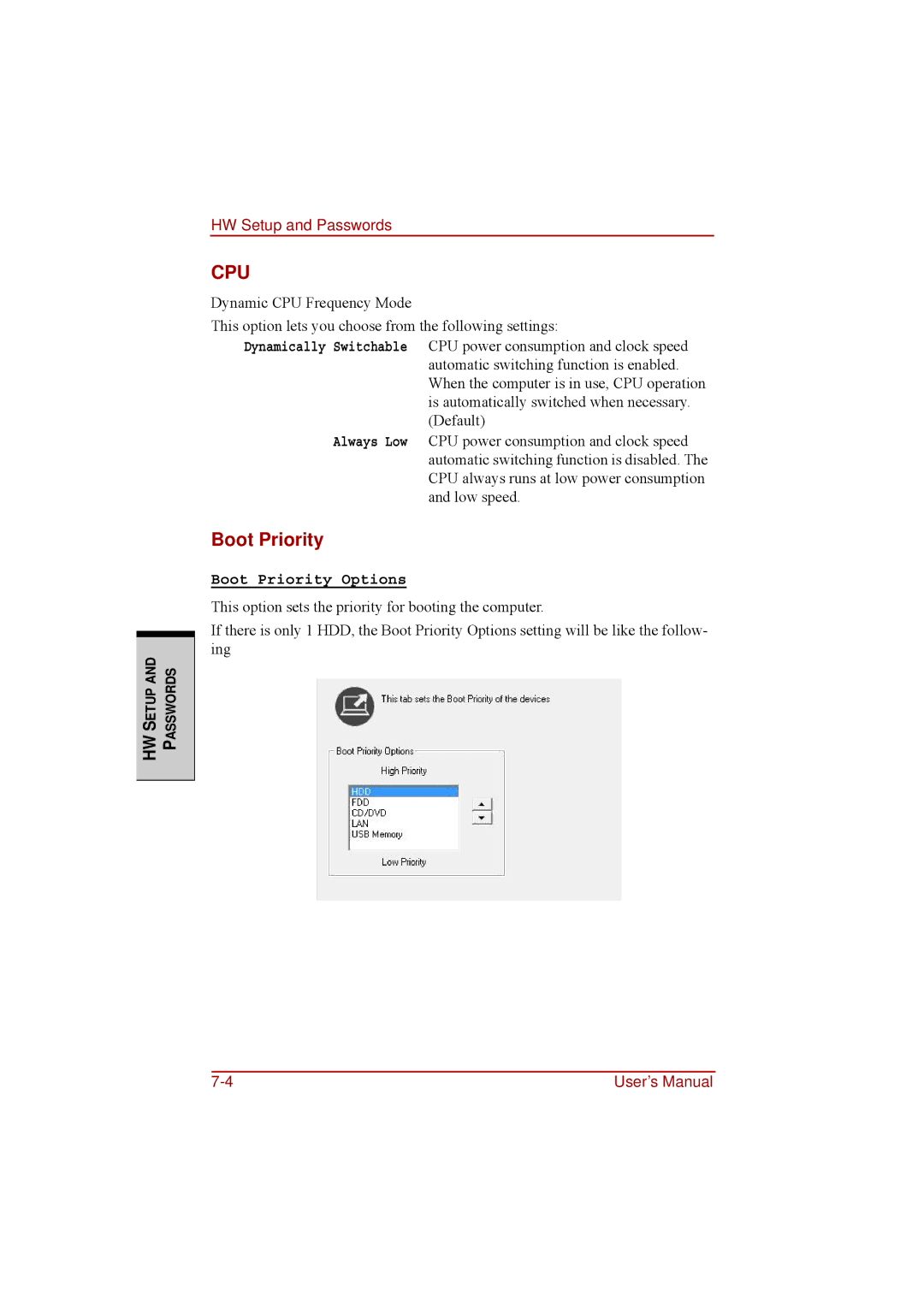 Toshiba a210 user manual Cpu, Boot Priority 