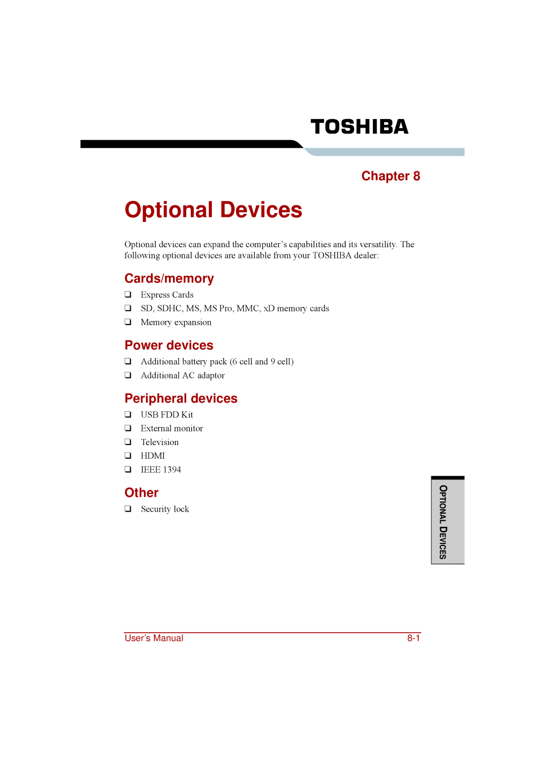 Toshiba a210 user manual Optional Devices, Cards/memory, Power devices, Peripheral devices, Other 