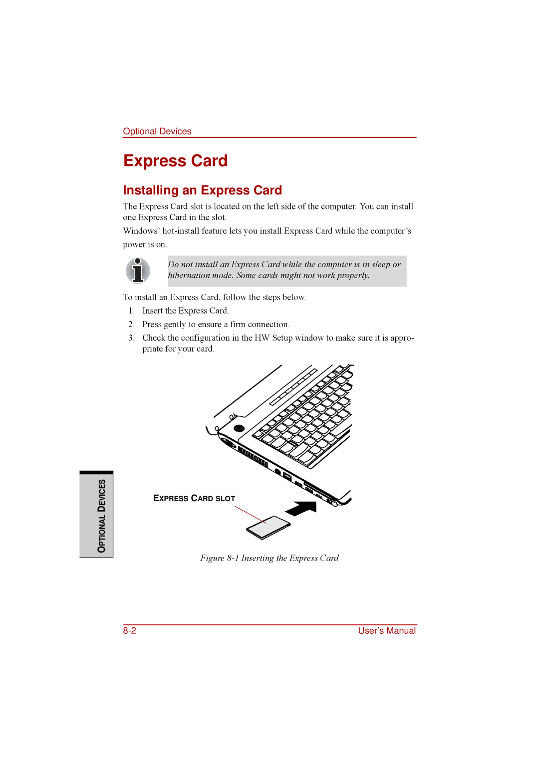 Toshiba a210 user manual Installing an Express Card 