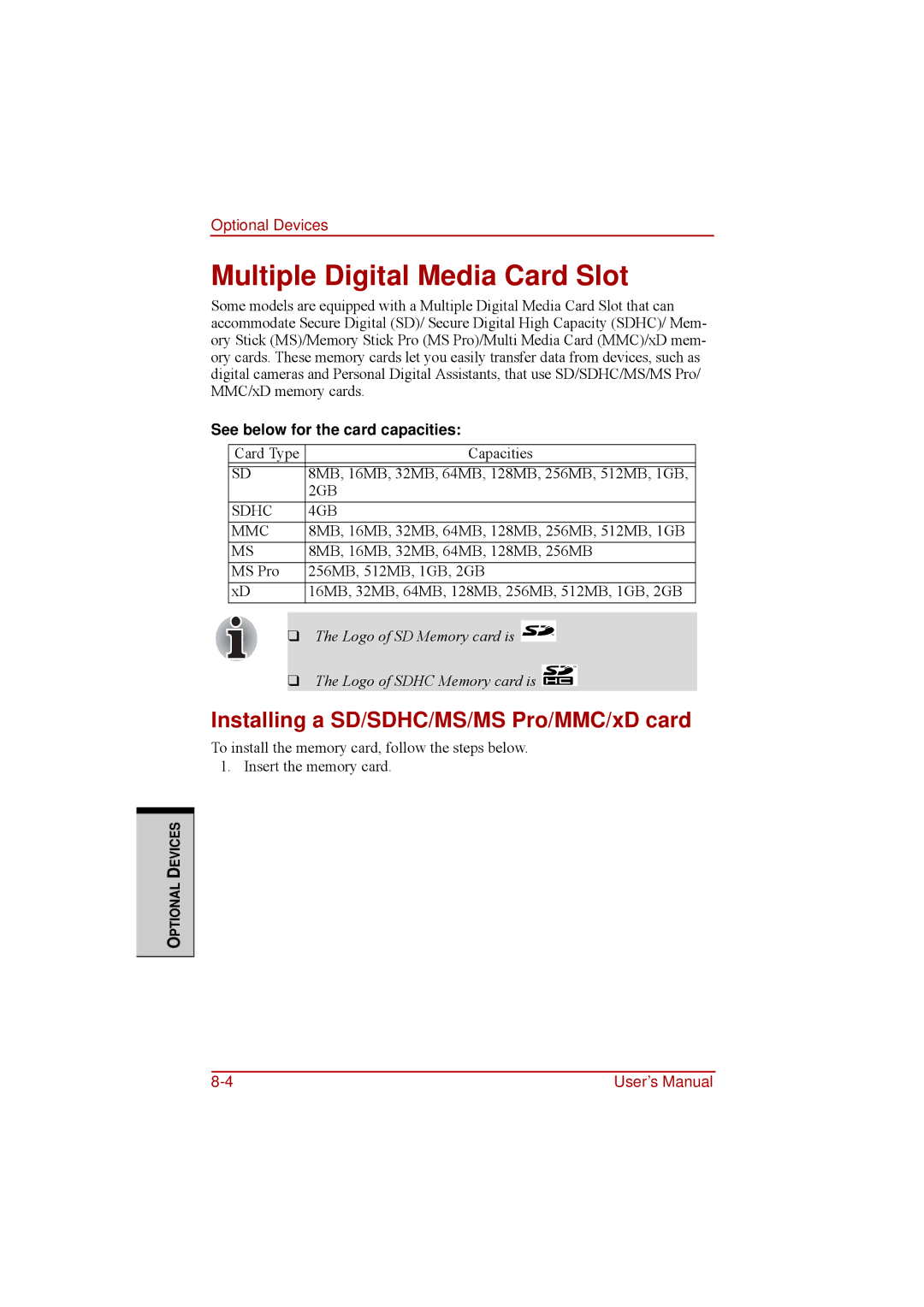 Toshiba a210 user manual Multiple Digital Media Card Slot, Installing a SD/SDHC/MS/MS Pro/MMC/xD card 