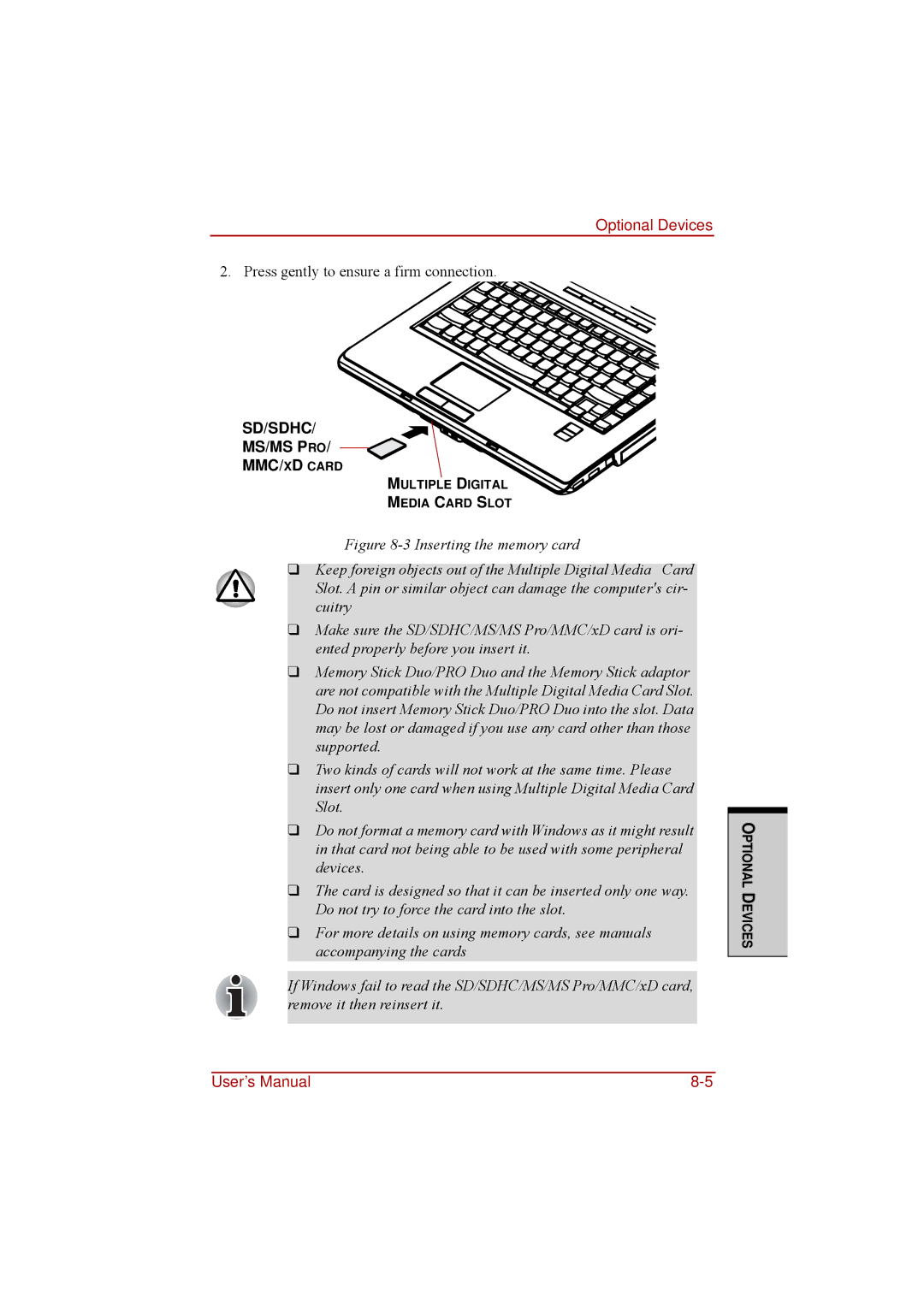 Toshiba a210 user manual SD/SDHC MS/MS PRO MMC/XD Card 