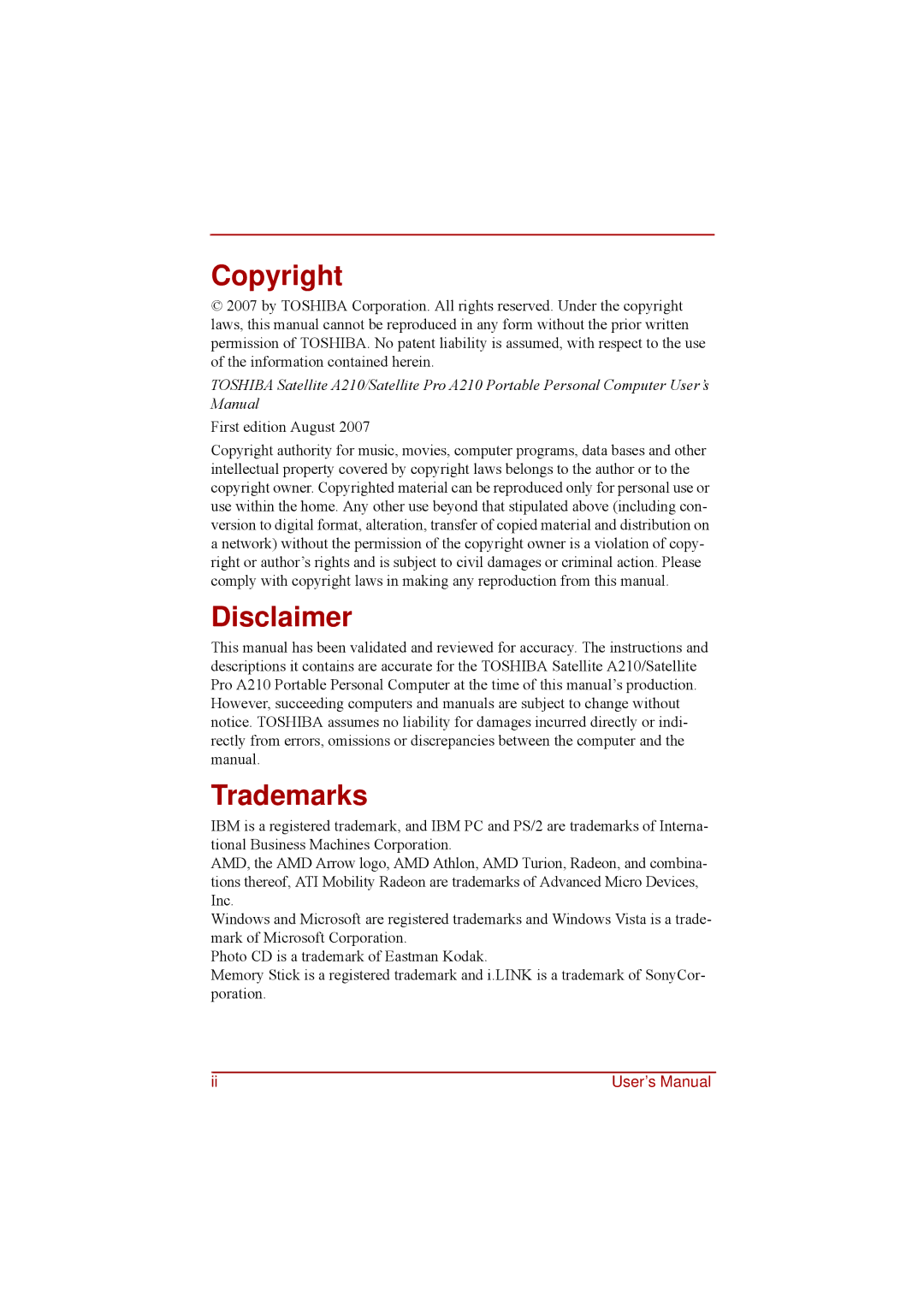 Toshiba a210 user manual Copyright, Disclaimer, Trademarks 