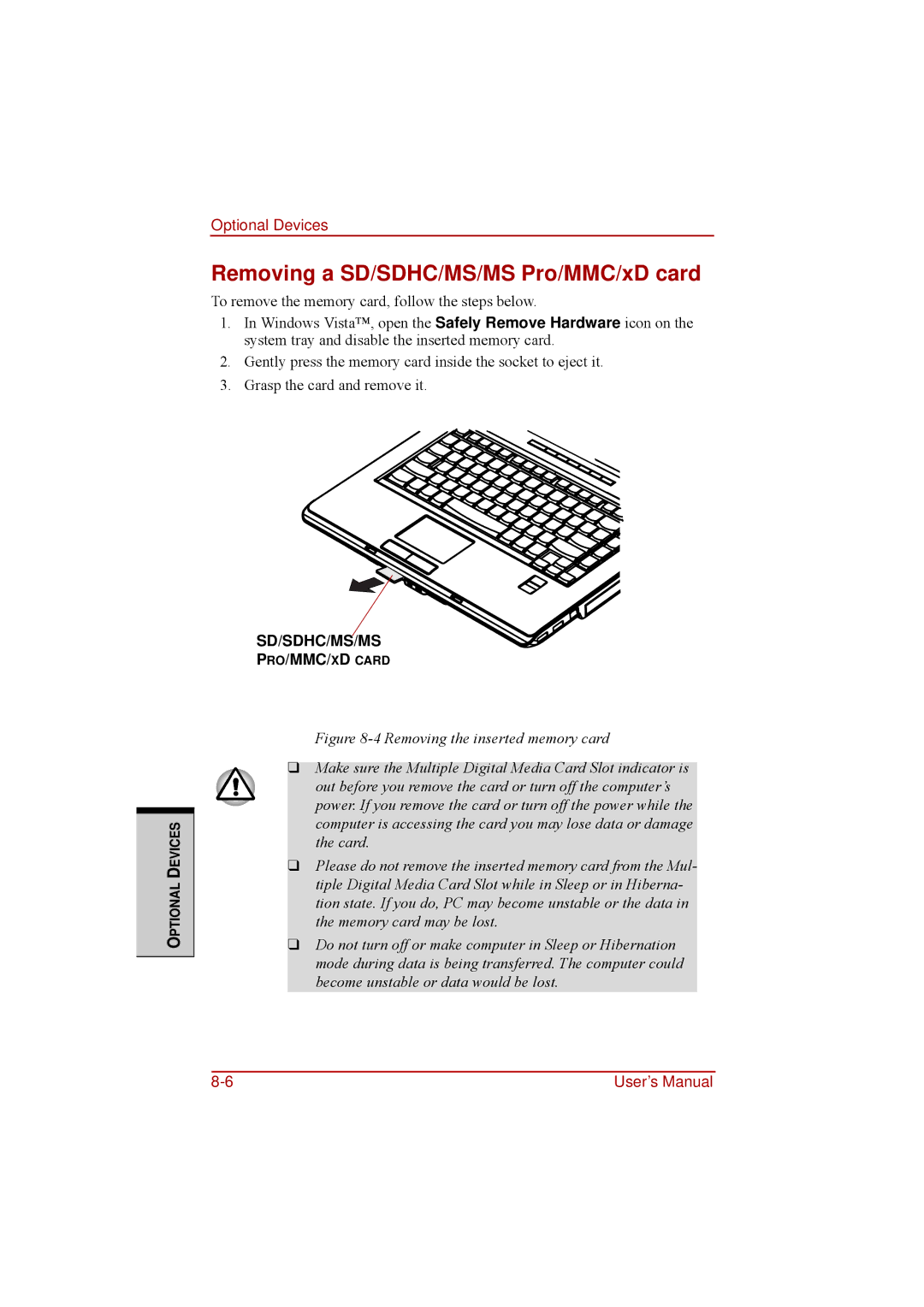 Toshiba a210 user manual Removing a SD/SDHC/MS/MS Pro/MMC/xD card 